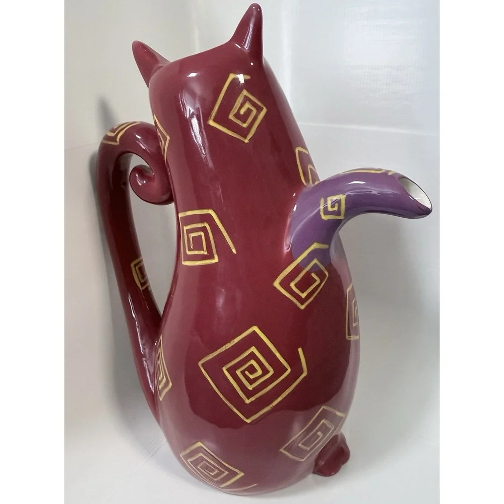 Ganz Bella Casa Ceramic Cat Pitcher Teapot Maroon Spiral Rare BC12763